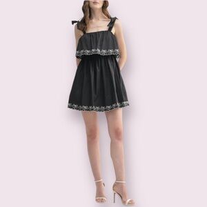 Lush Cherry Embroidered Popover Minidress in Black and White